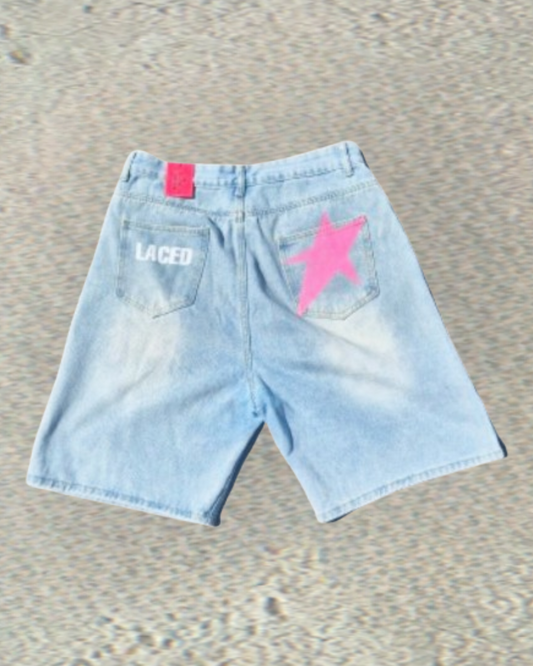Blue Denim Pink Star Laced Jorts