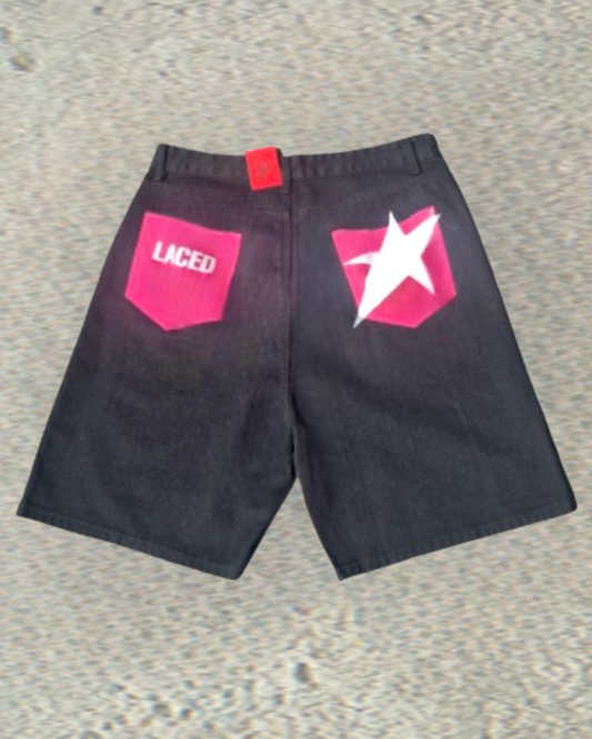 Black Denim White Star Laced Jorts