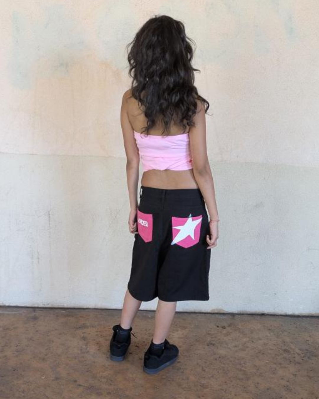 Black Denim White Star Laced Jorts